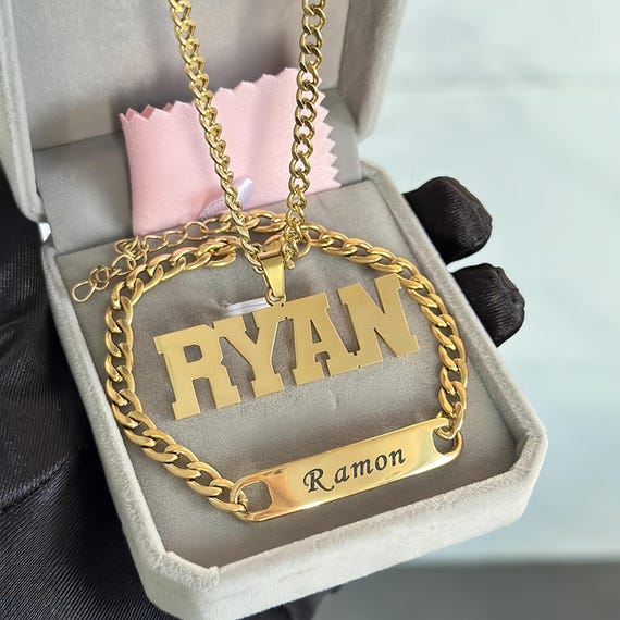 Kids Name Jewelry Set,Custom Engraved Name Bracelet Necklace,Woman Name Jewerly,Men Name Set,Gold Nameplate,Personalized Gift for Her/him