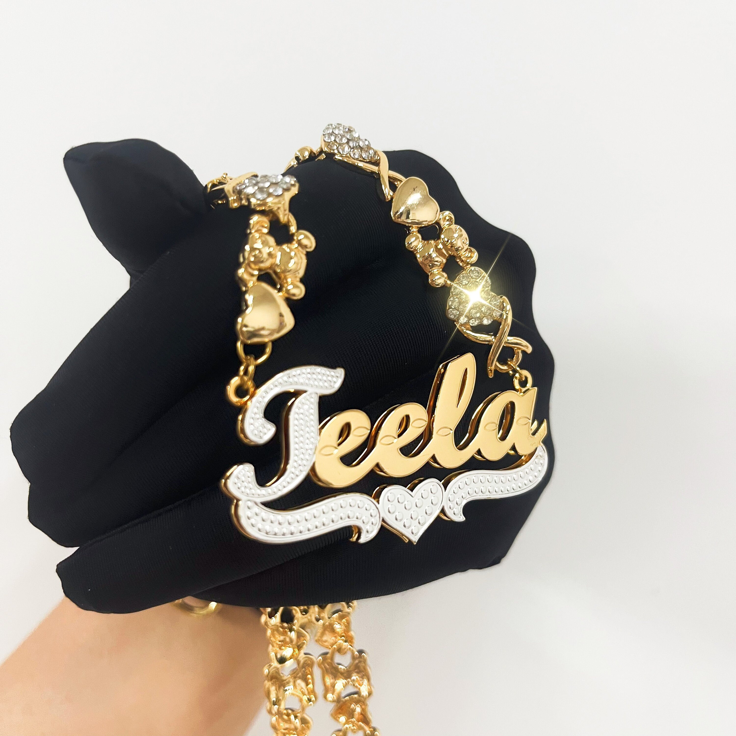 Collier chaîne ours en peluche, collier prénom personnalisé, plaque signalétique personnalisée, collier bicolore, collier prénom 3D double plaqué, bijoux XO pour femme