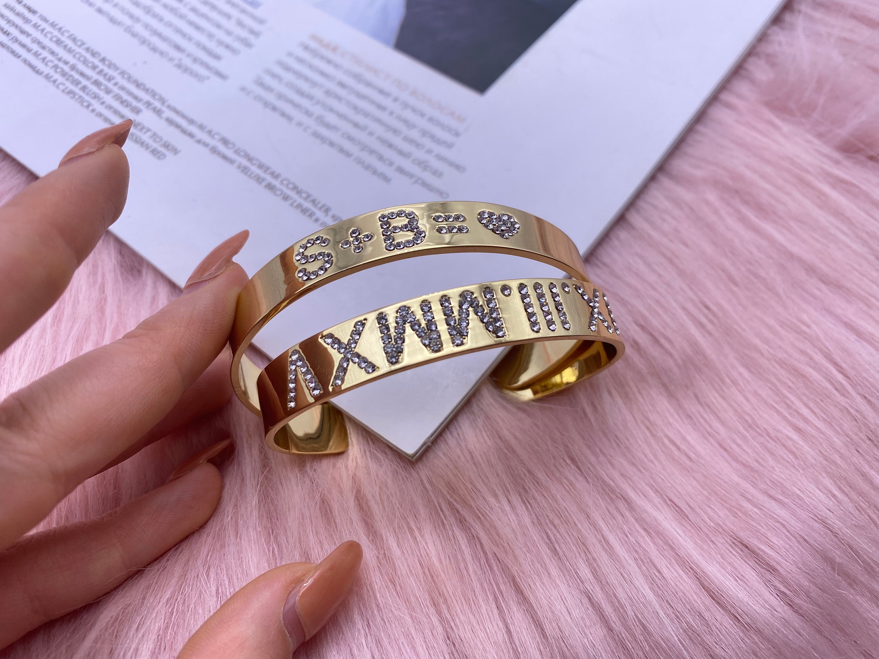 Custom Diamond Initial Name Cuff Bangle Bracelet, Gift for Women Men ...