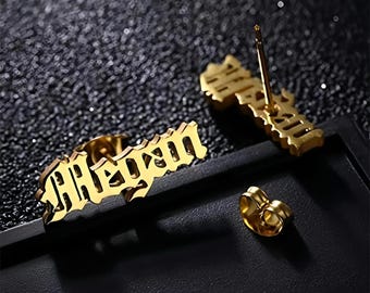Customized Name Stud Earrings, Old English Font