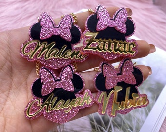 Minnie Mouse ketting, Minnie Mouse hanger, aangepaste naam ketting, kinder naam ketting, gepersonaliseerde stripfiguur acryl ketting
