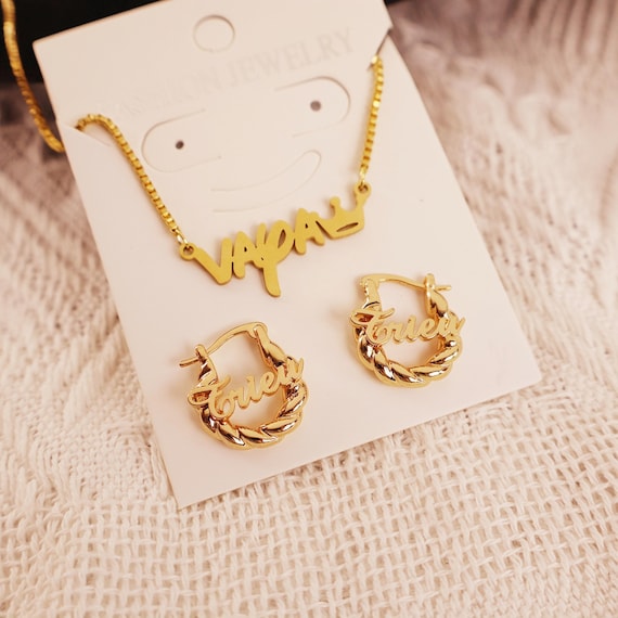 Custom Baby Jewelry Set, Hoop Name Earring, Nameplate Neckalce,Gold Name  Necklace,Personalized Nameplate Jewelry Set, Baby Kids Toddler Gift