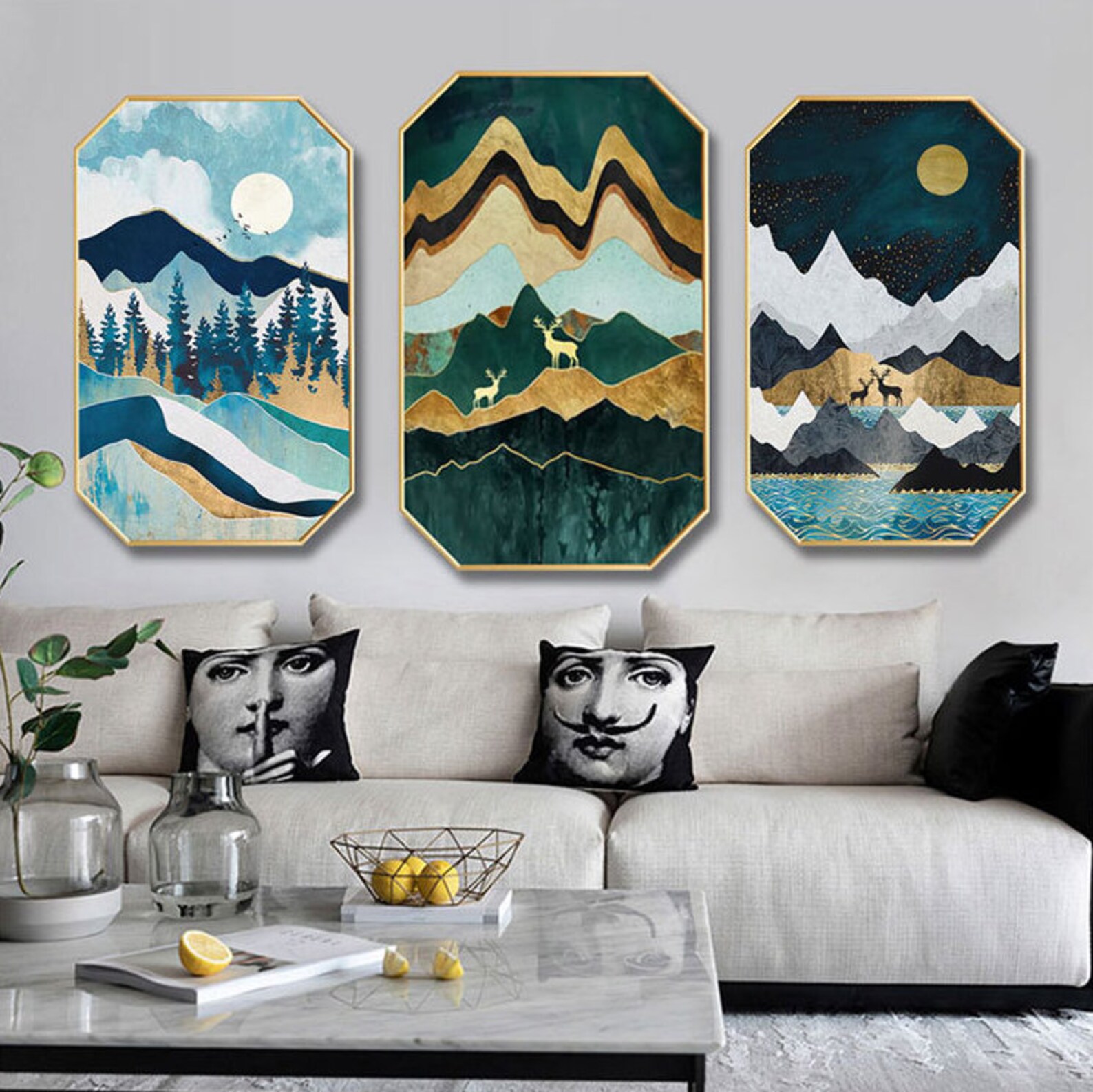 Octagon Canvas Painting Gold Frame Wall Art Print Picture for Etsy