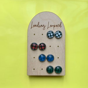Buffalo Plaid Earrings, Minimalist Earrings, Small Everyday Earrings, Tartan Earrings, 10mm Cabochon Earrings, Boho Earrings, Gift For Her