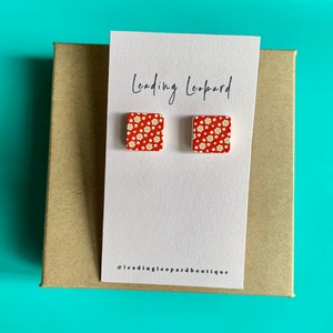 Flower Earrings, Red Earrings, Wooden Earrings, Statement Floral Studs, Square Earrings, Wild Flower Jewelry, Nature Inspired, Gift For Her