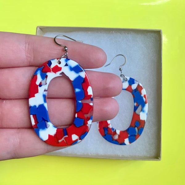 Acrylic Earrings, Colourful Jewelry, Acetate Earrings, Oval Earrings, Retro Earrings, Red White and Blue Earrings, Iridescent Earrings