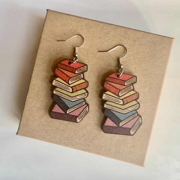 Book Earrings, Gift For Bookworm, Wooden Earrings, Lightweight Earrings, Colourful Earrings, Book Lover Gift, Reading Jewelry, Stacked Books