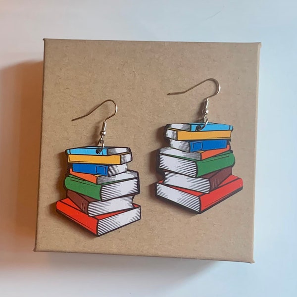 Book Earrings, Gift For Bookworm, Wooden Earrings, Lightweight Earrings, Colourful Earrings, Book Lover Gift, Reading Jewelry, Stacked Books