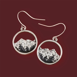 Mountain Earrings, Landscape Earrings, Outdoorsy Jewelry, Charm Earrings, Moon Earrings, Lake, Black Plated, Round, Hiking, Camping, Nature