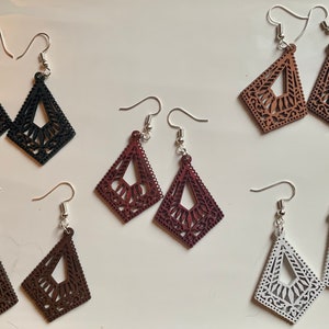 Wooden Diamond Earrings, Dangle Earrings, Boho Earrings, Drop Earrings, Filigree Earrings, Pick Your Colour, Lightweight Earrings