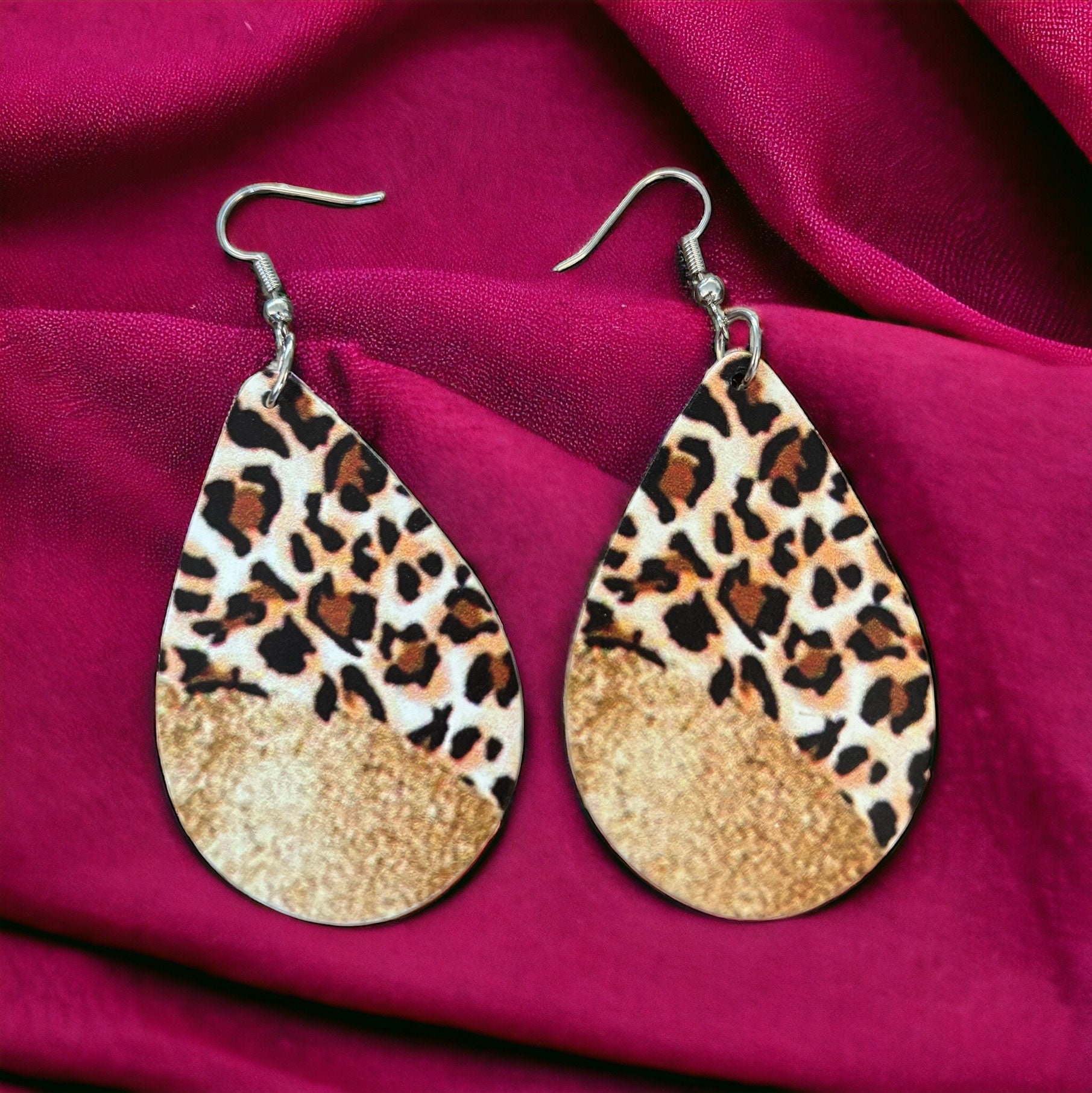Orecchini Pendenti Donna In Legno E Pelle - Stampa Leopardata, Fatti A Mano, Stile Bohémien Vintage (Modello 01 - Goccia)