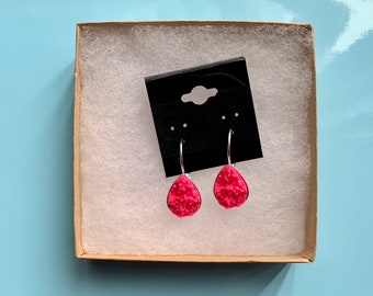 Hot Pink Earrings, Glitter Earrings, Sparkly Earrings, Faux Druzy Earrings, Leverback Earrings, Elegant Earrings, Teardrop Earrings, Silver