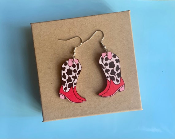 Cowboy Boot Earrings, Retro Accessories, Gift For Her, Cowgirl Earrings, Pink Earrings, Cow Print Jewelry, Western Earrings, Country Music