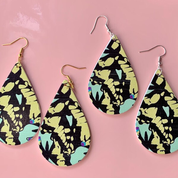 Wooden Teardrop Earrings, Yellow Earrings, Green Earrings, Lightweight Earrings, Patterned Earrings, Stocking Stuffer, Gift For Her