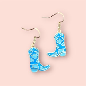 Blue Cowboy Boot Earrings, Retro Accessories, Gift For Her, Cowgirl Earrings, Cowboy Hat Earrings, Gold Jewelry, Western Earrings, Country