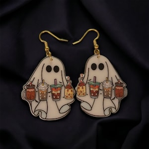 Ghost with coffee, Iced Coffee, Halloween Earrings, Spooky Earrings, Ghost Earrings, Acrylic Earrings, Fall Coffee, Funny, Halloween Jewelry