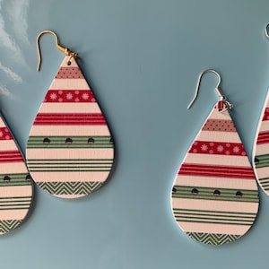 Wooden Teardrop Earrings, Festive Earrings, Christmas Earrings, Patterned Earrings, Stocking Stuffer, Snowflake Earrings