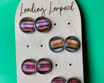 Striped Earrings, Colourful Earrings, Earrings for Women, Striped Studs, 12mm Cabochon Earrings, Silver Stud Earrings, Summer Earrings