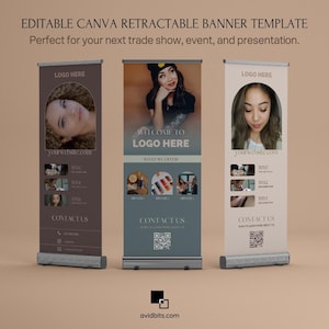 May include: Three retractable banner templates in brown, grey, and beige. Each banner features a photo, text, and contact information. The text on the banners includes "LOGO HERE", "WELCOME TO LOGO HERE", and "CONTACTUS".