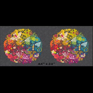 May include: Two vibrant, circular floral designs featuring a variety of flowers and butterflies in shades of red, orange, yellow, blue, and purple. The text "44" x 24"" (112 x 61 cm) is at the bottom.