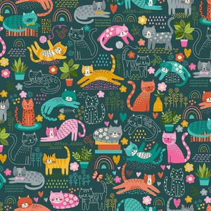 May include: A dark teal fabric featuring a repeating pattern of cats in various colours including orange, pink, grey, and blue, interspersed with small potted plants, rainbows, hearts, flowers, and yarn balls in a flat graphic illustration style.