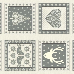 May include: Eight grey and white squares with different Christmas designs. Each square has a white border and a grey background. The designs include a Christmas tree, a reindeer, a snowflake, a star, a heart, and two birds.