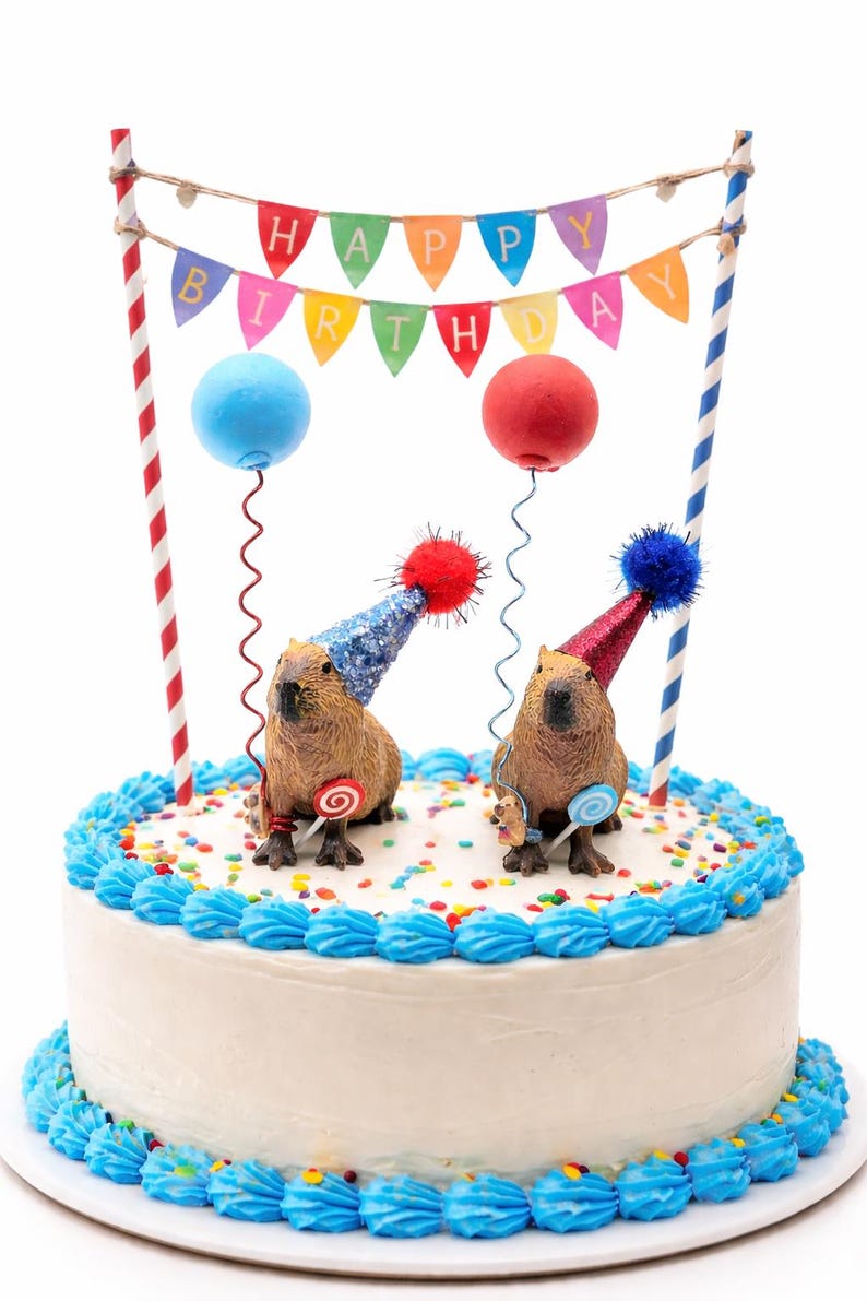 Custom Capybara Cake Topper | Birthday Party Animal Decoration | Mini Party Hats | Capybara Cavy Theme image 2