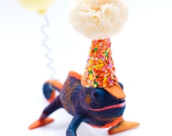 Decorazione per torta a forma di camaleonte che cambia colore, personalizzabile / Animale da festa con mini cappello / Tema selvaggio