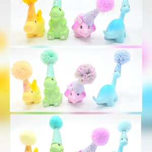 Cute Pastel Dinosaur Cake Topper | Cartoon Style Dinosaur Party | Table Sprinkles | Mini Party Hat | Party Bag Filler image 2