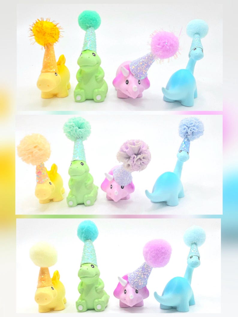 Cute Pastel Dinosaur Cake Topper | Cartoon Style Dinosaur Party | Table Sprinkles | Mini Party Hat | Party Bag Filler image 2