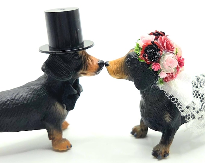 Featured listing image: Custom Dachshund Wedding Cake Topper | Bride and Groom Dog Keepsake | Mini Floral Crown & Top Hat | Pet Dog Lover Decoration