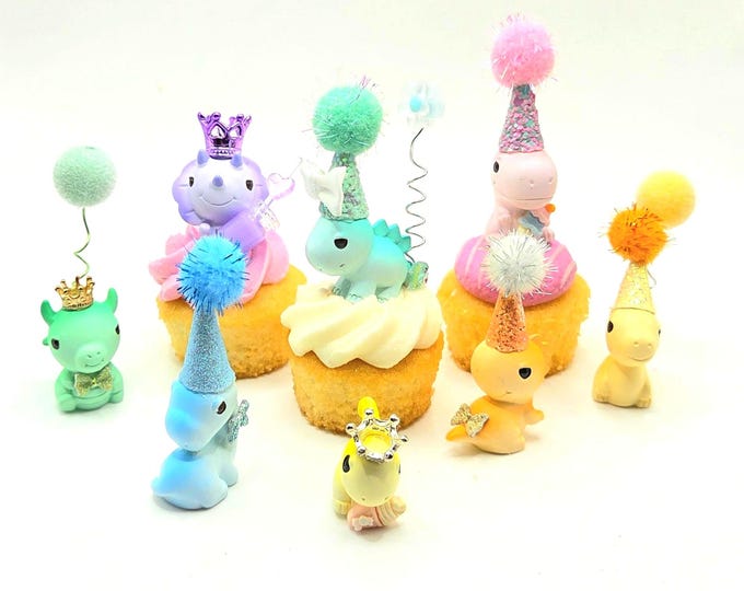 Featured listing image: Mini Dinosaur Dragon Cake Topper | Pastel Dinosaurs | Party Dinosaur | Table Sprinkles | Dragon Party | Mini Party Hat | Party Bag Filler