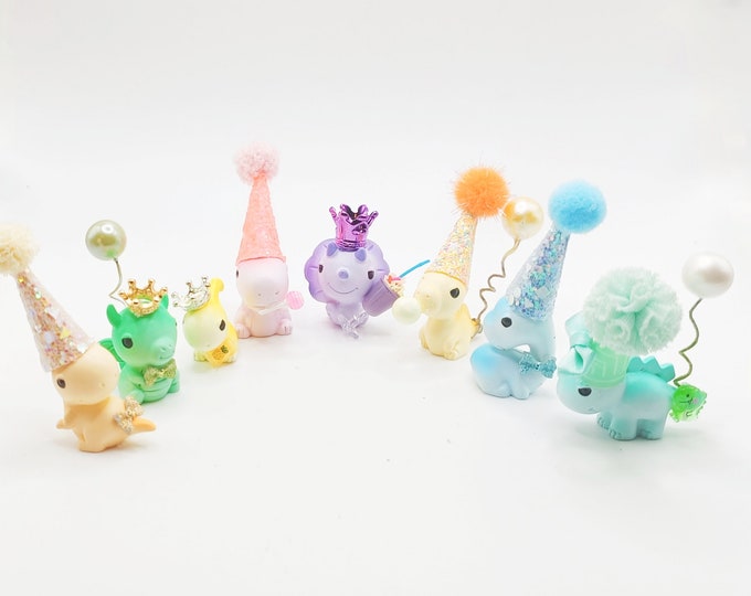 Featured listing image: Mini Dinosaur Dragon Cake Topper | Pastel Dinosaurs | Party Dinosaur | Table Sprinkles | Dragon Party | Mini Party Hat | Party Bag Filler