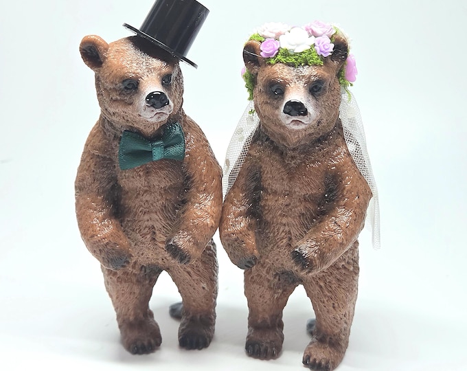 Featured listing image: Custom Bear Wedding Cake Topper | Quirky Bride and Groom Keepsake | Mini Floral Crown & Top Hat | Wild Bear Lover Decoration