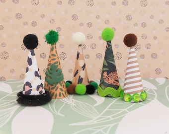 Wild One Party Hats | Safari Hats | Baby Shower | Cake Decor | Cake Topper | Jungle hats  | Mini Party Hats | Party Animal Hats | Maileg