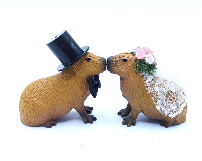 Featured listing image: Capybara Wedding Cake Topper | Animal Bride and Groom | Animal Theme Wedding | Mini Top Hat | Wild Wedding