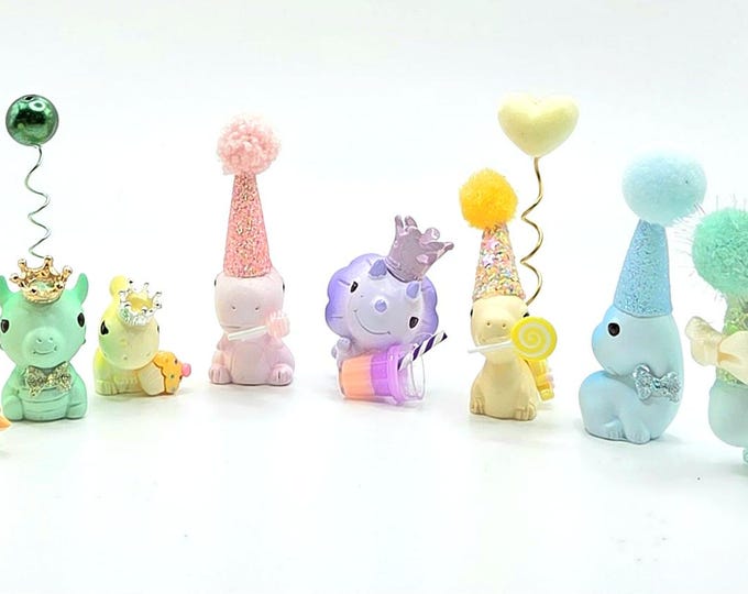 Featured listing image: Mini Dinosaur Dragon Cake Topper | Pastel Dinosaurs | Party Dinosaur | Table Sprinkles | Dragon Party | Mini Party Hat | Party Bag Filler