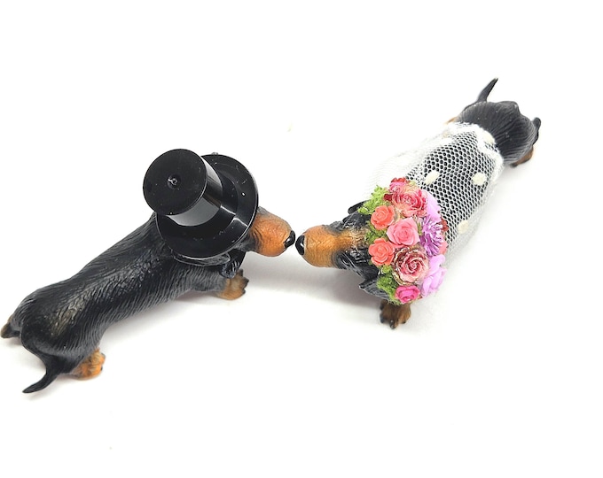 Featured listing image: Custom Dachshund Wedding Cake Topper | Bride and Groom Dog Keepsake | Mini Floral Crown & Top Hat | Pet Dog Lover Decoration