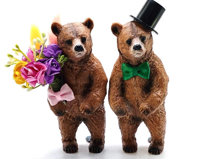 Featured listing image: Custom Bear Wedding Cake Topper | Quirky Bride and Groom Keepsake | Mini Floral Crown & Top Hat | Wild Bear Lover Decoration