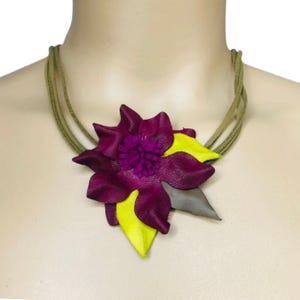 Boho Handmade Floral Necklace, Leather Purple One of a Kind Necklace Jewelry, Natural Leather Suede Cord Choker