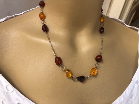 Vintage Baltic Honey Amber Necklace: 925 Sterling Silver Beaded Choker
