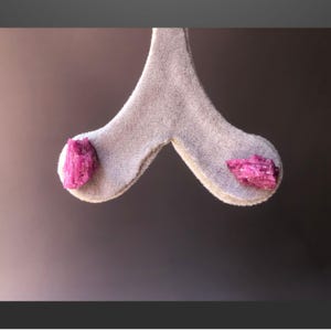 Puede incluir: Un objeto decorativo de felpa gris claro con una forma única, con dos vibrantes cristales de piedras preciosas rosas en bruto. Los cristales son en bruto y añaden un contraste llamativo al fondo suave y neutro.