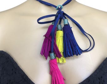 Bohemian Leather Tassel Necklace: Long Lariat Choker