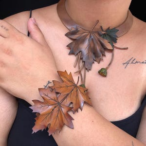 Leder Halskette Armband, Herbst Chunky Blatt Halskette Armband, handgemachter Boho Schmuck