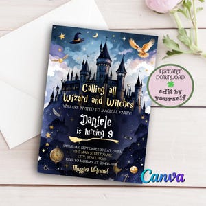Faire-part d'anniversaire magique modifiable, modèle d'invitation d'anniversaire de sorcières de sorciers, invitation imprimable de fête d'anniversaire de château de sorcellerie magique