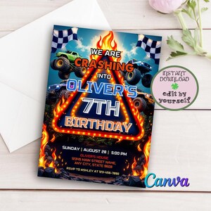 Monstertruck-Geburtstagseinladung, bearbeitbare Monstertruck-Geburtstagseinladung für Jungen, druckbare digitale Einladung, Canva-Vorlage, Evite