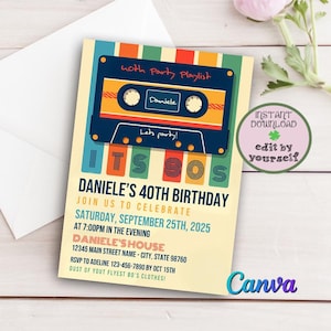 Faire-part de fête modifiable sur cassette rétro, invitation à une fête rétro, thème des années 80 et 90, 40e 30e carte d'anniversaire de danse modèle de toile imprimable