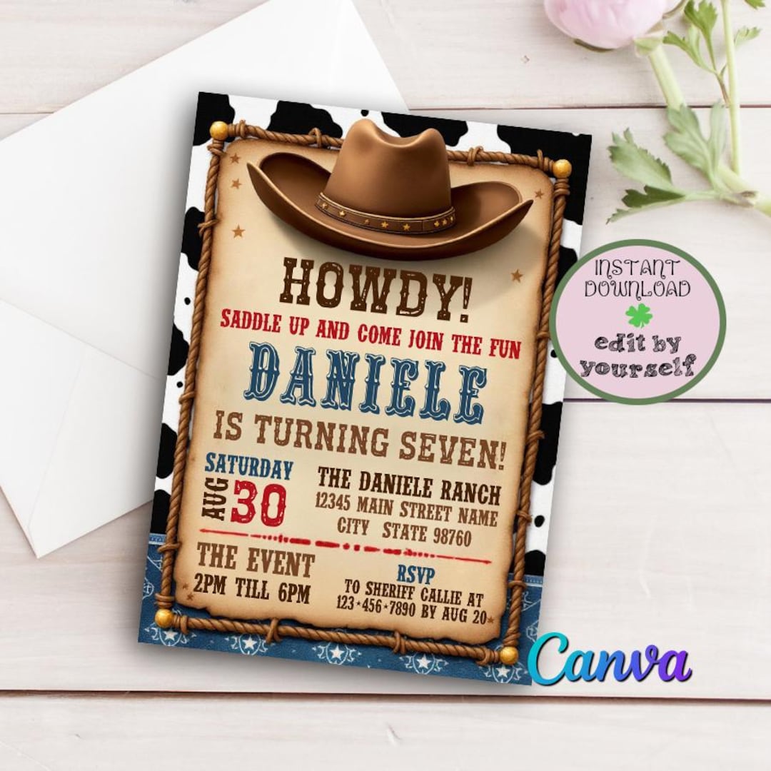Editable Cowboy Birthday Invitation, Boy Girl Wild West Birthday Party Invitation Template ...