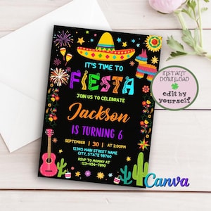 Editable Fiesta Birthday Invitation, Mexican Papel Picado Birthday Party Invite, Fiesta Mexicana Spanish Theme, Any age, Canva Template, DIY