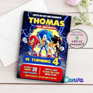 Invito di compleanno modificabile Super Hedgehog, invito di compleanno per bambini, compleanno di ragazzi e ragazze, invito digitale stampabile per feste, modello fai da te Canva